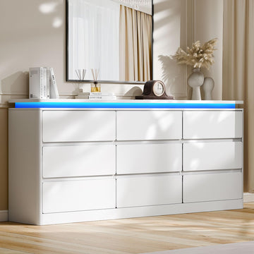 9 Drawer, 62.99" Long White Chest of Drawers w/LED Light