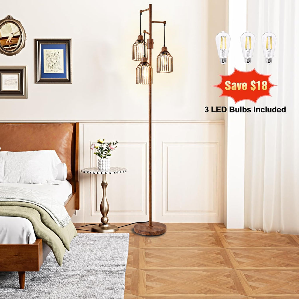 Dimmable Industrial Floor Lamp with 3 Cage Heads, Wood Grain Tree Standing Lamp with Stepless Dimming, Modern