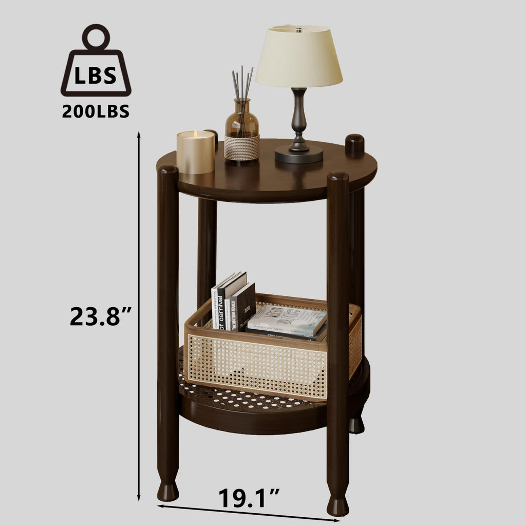 Round, 2-Tier Rustic Wood Center Table Decor with Boho Woven Rattan Storage Shelf | Modern Farmhouse Design, Easy