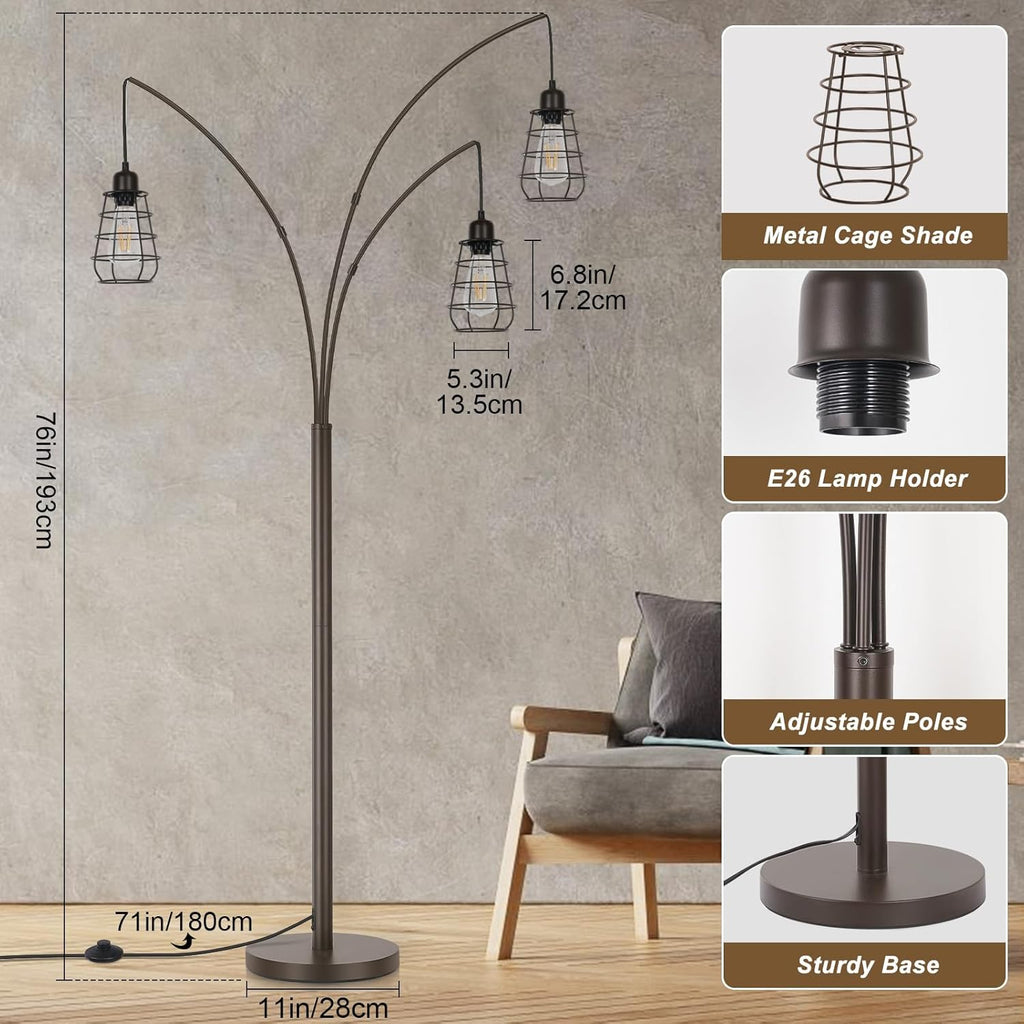 Industrial Floor Lamp, 3 Light Arc Floor Lamps, 76 Inch Tall Standing Lamp with Metal Cage Shades & Foot Switch
