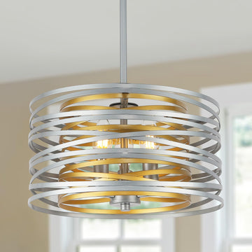 12.6'' Drum Pendant Light Fixture Hanging, Retro Semi Flush Mount Chandelier, Silver Chandeliers Bedroom Stairwell