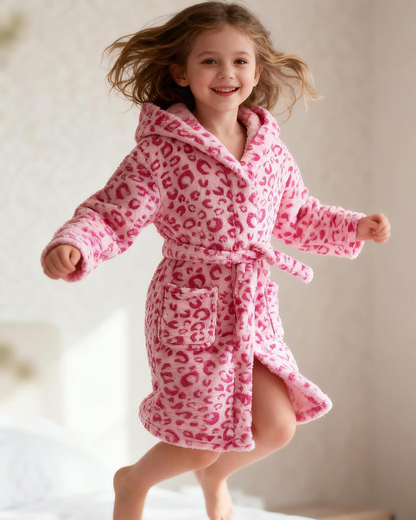 Kids Toddler Boys Girls Fleece Robe Soft Hooded Bathrobe Pajamas Sleepwear