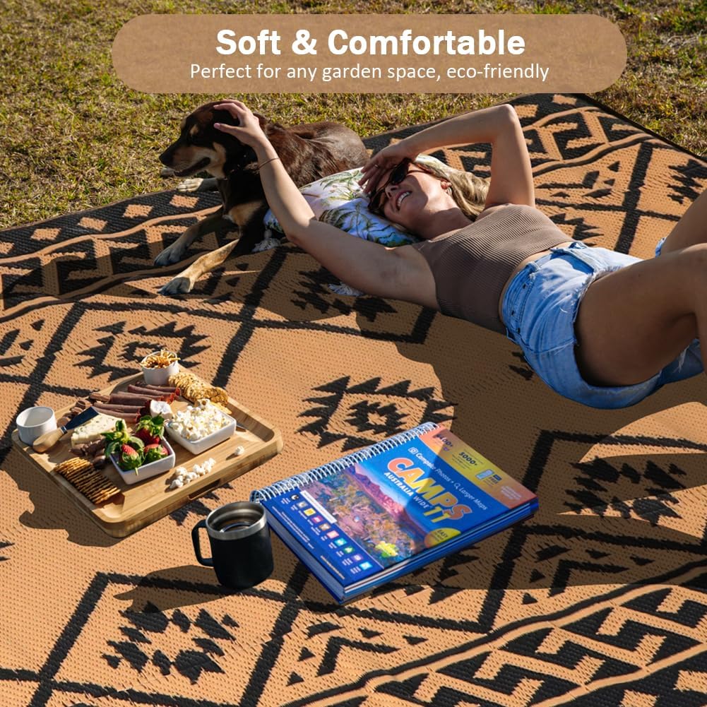 Outdoor Rug Waterproof Patio Rug Plastic Rug Black & Brown