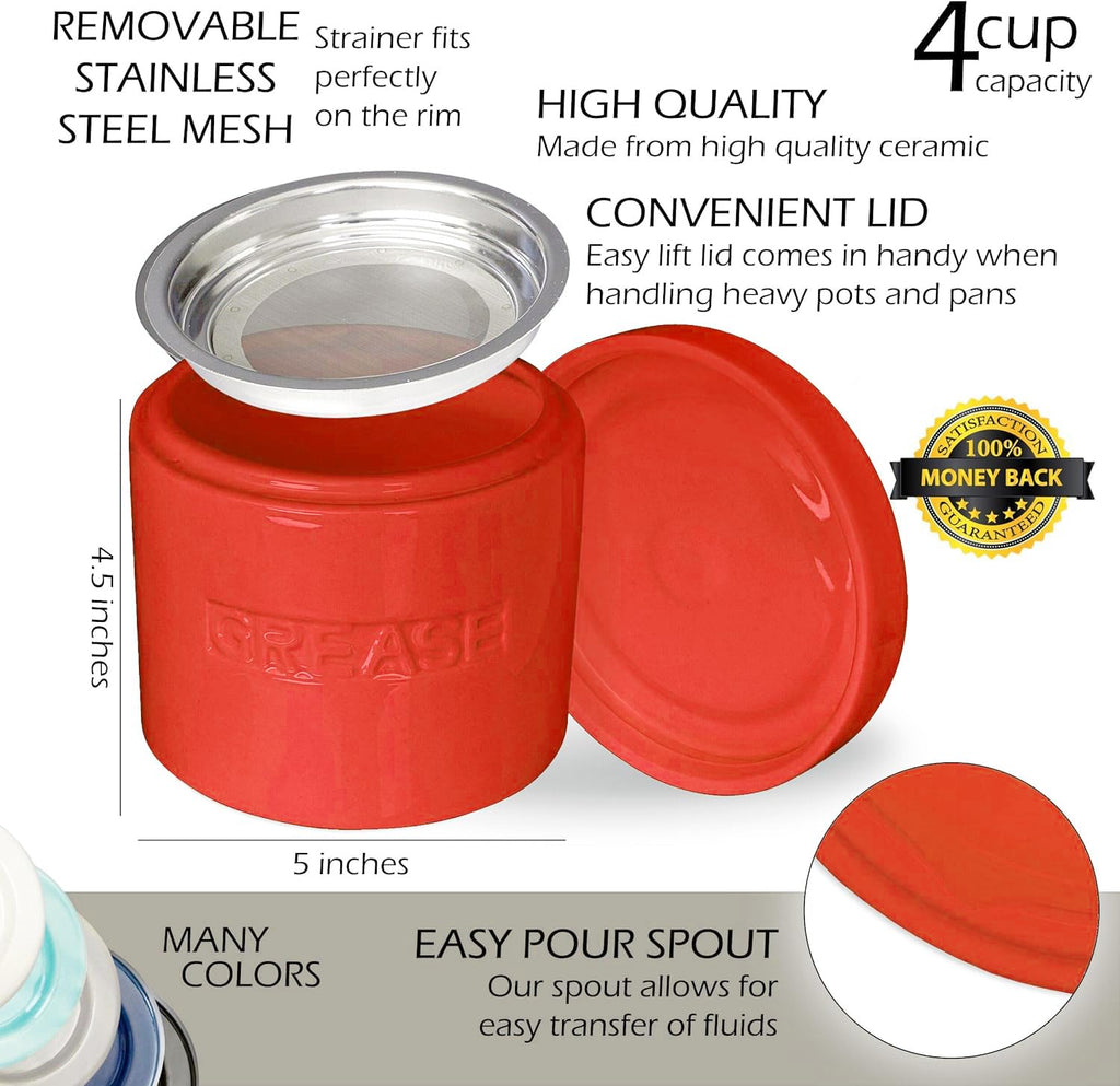 Bacon Grease Saver with Strainer - Ceramic Grease Container 1L Storage Canister | Holds Bacon Fat Drippings | Oil