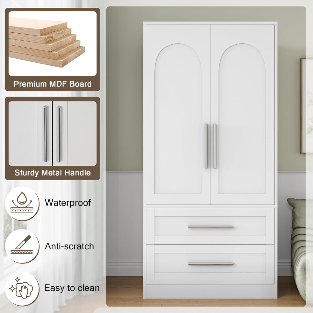 Wooden Armoire Wardrobe Closet with 2 Doors and 2 Drawers, Bedroom Freestanding Armoire Storage Cabinet with