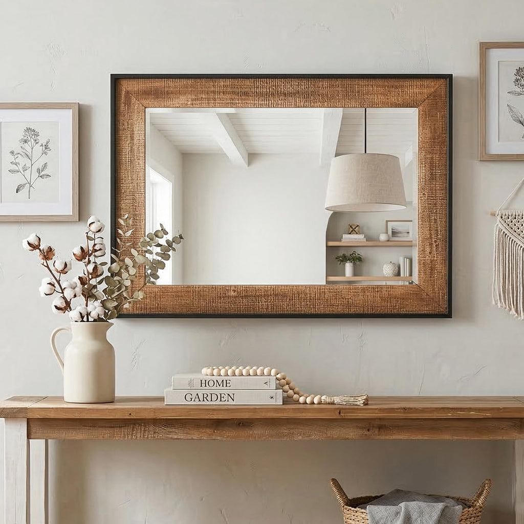 Rustic Solid Wood Wall Mirror 36x24 Inch, Vintage Wood Framed Wall Mirror Over Sink, Living Room, Hallway & Entryway