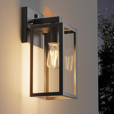 Dusk to Dawn Outdoor Wall Sconce, Black Waterproof Porch Light Fixture with E26 Socket & Glass Shade, Modern Exterior Lantern for Patio Entryway (2 Pack)