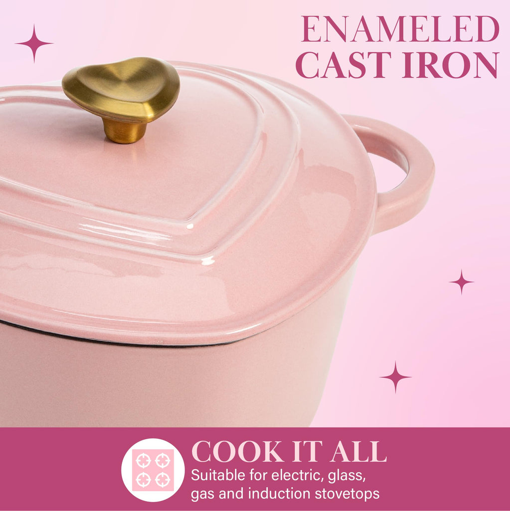 Enameled Cast Iron Dutch Oven Pot with Lid, Heart-Shaped Dutch Oven, Durable Cast Iron Pot with Dual Handles, Oven