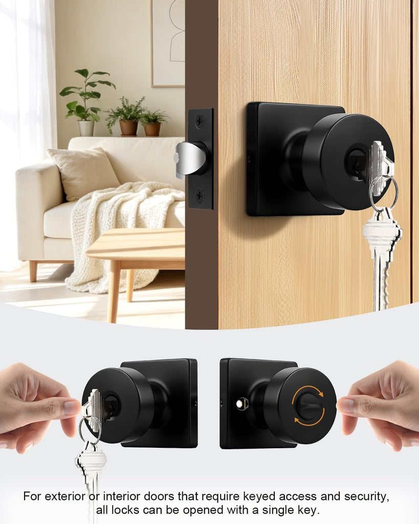 Keyed Entry Door Knobs Interior/Exterior 2 Pack, Classic Keyed Bedroom/Bathroom Door Knobs Entrance Lockset