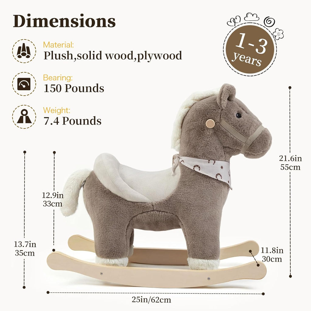 Rocking Horses Ages 1-3 Wooden Toddler Rocking Horse Plush Ride on Horse Toy with Realistic Sound Brown Horse Rocker