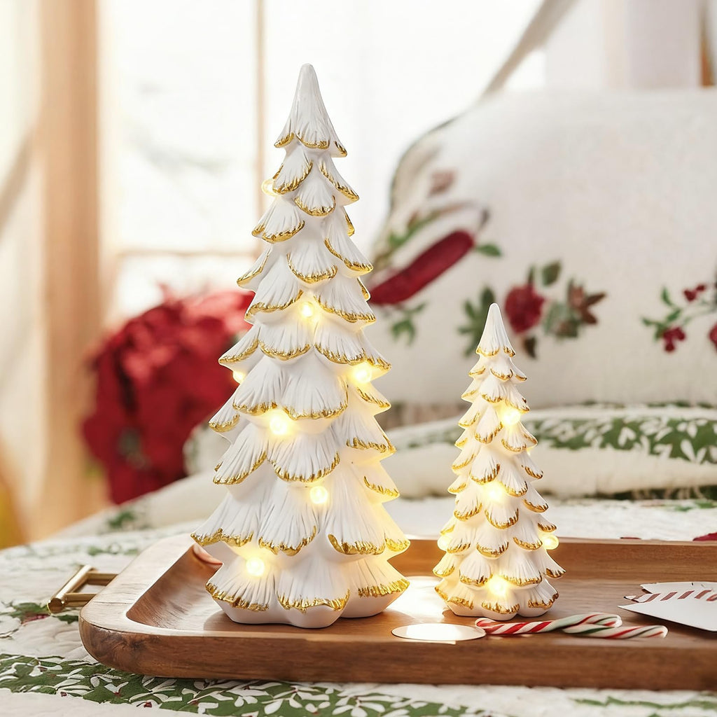 Christmas Trees Figurine White Light Up, 2Pcs Christmas Tree