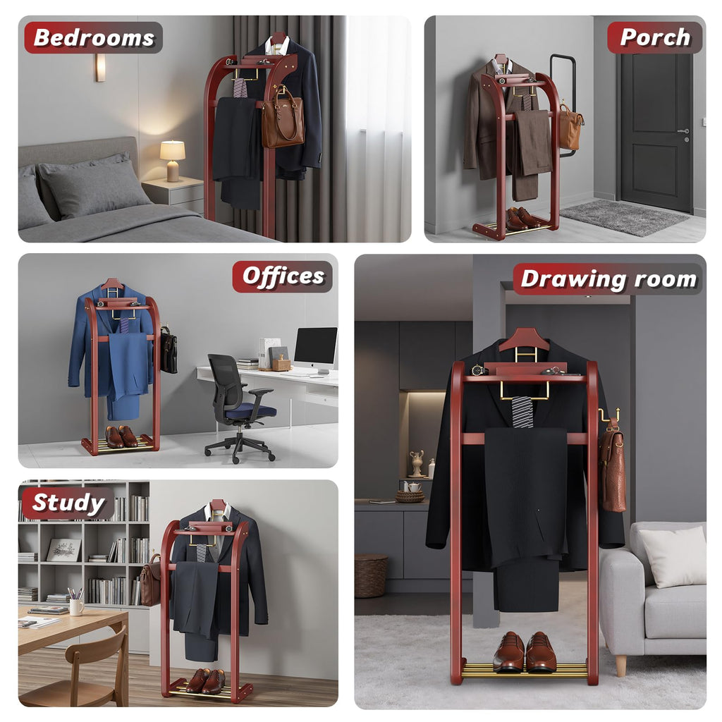 Suit Valet Stand for Men, Wood Mens Valet Stand (Reddish Brown)