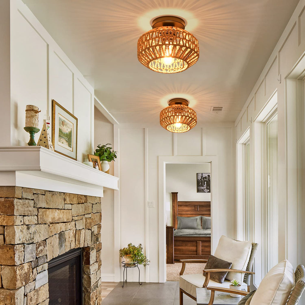 2 Pack Farmhouse Light Fixtures Ceiling Mount, Mini Rattan Boho Semi Flush Mount Ceiling Light, Hand Woven Hallway