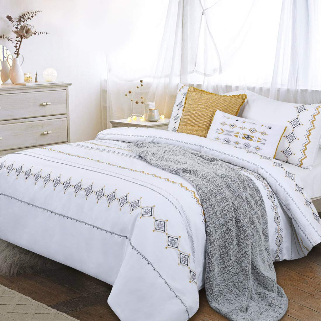 Boho Duvet Cover Set White King Grey Yellow Geometric Moroccan Textured