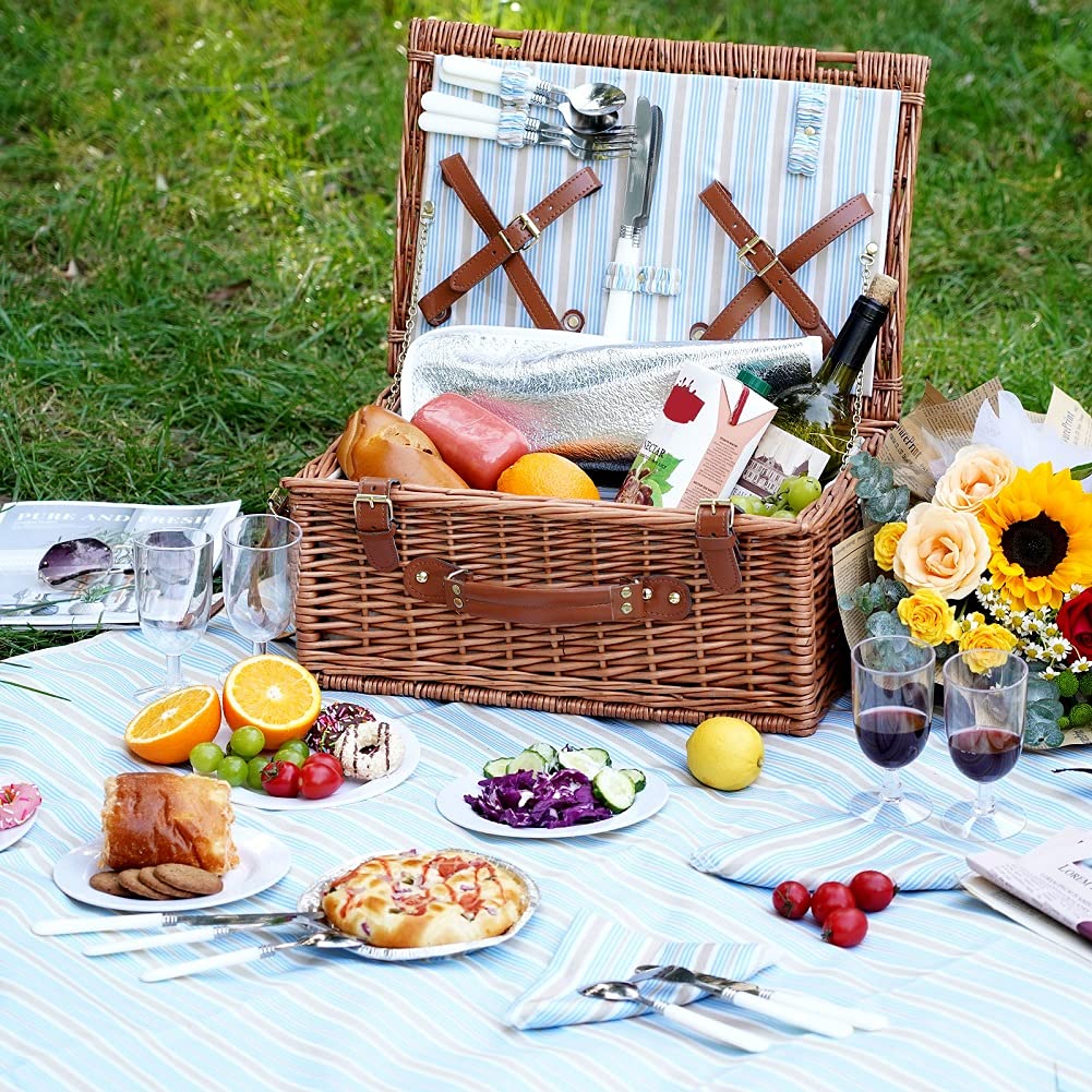 Wicker Picnic Basket Set for 4 Persons with Cooler & Blanket