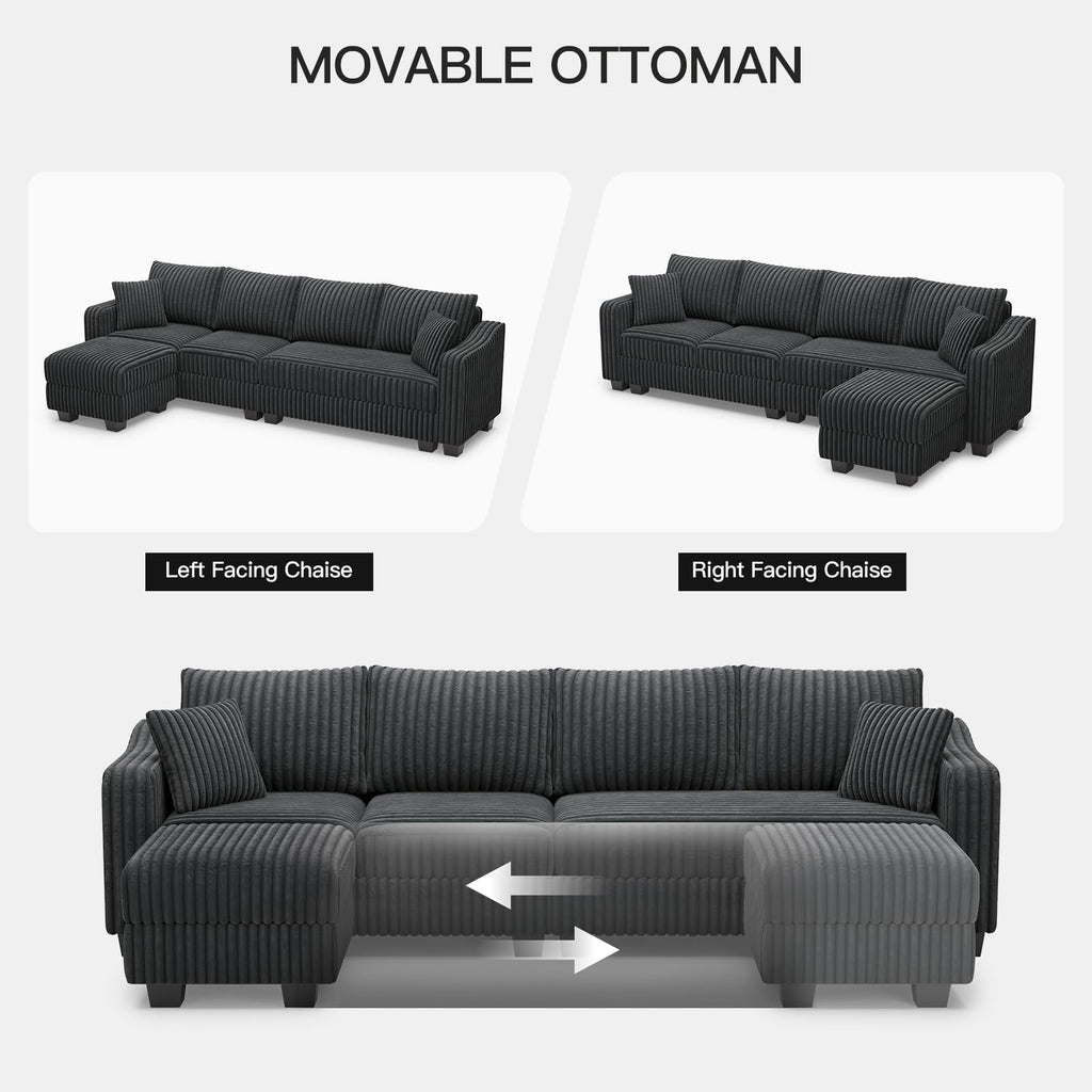 Sectional Couch with L-Shape Chaise L Shaped Couch with Ottoman Sectional Couches Corduroy (Dark Grey, L Shaped)