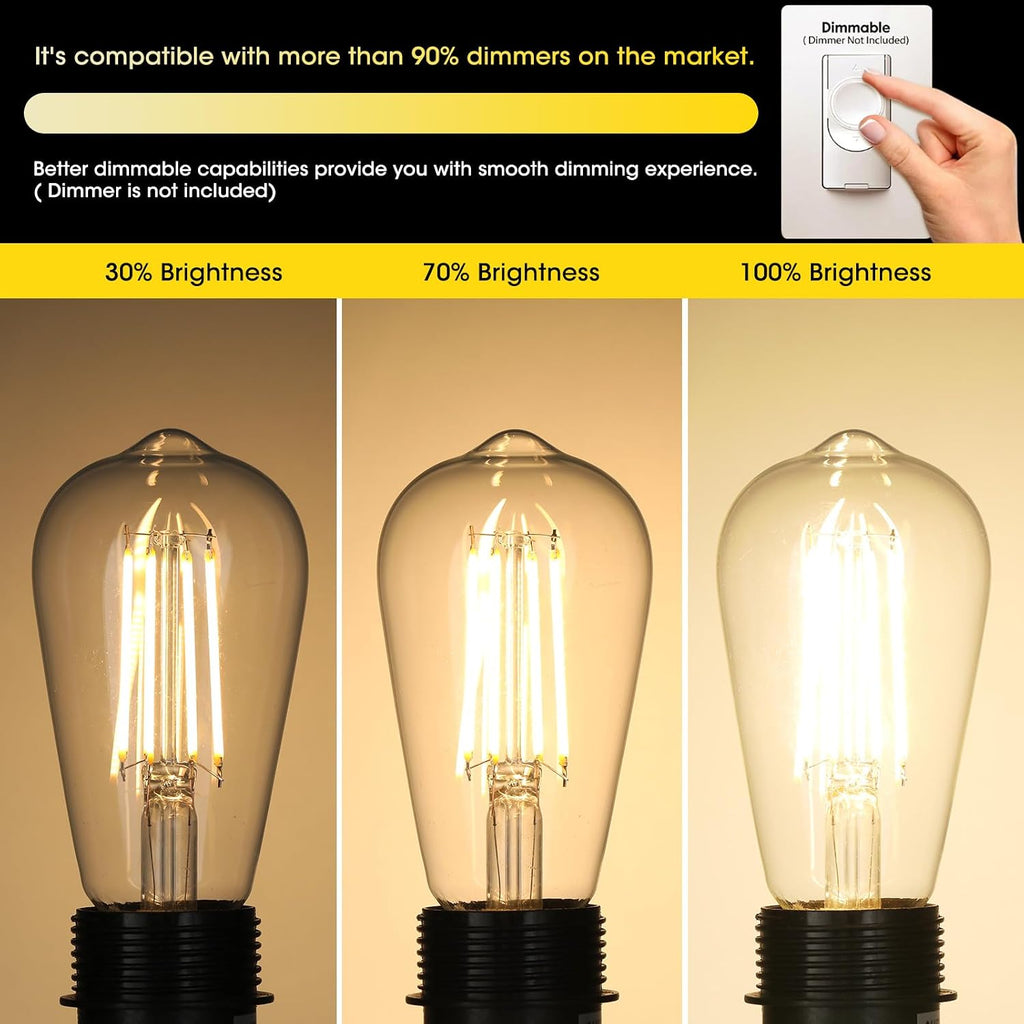 Vintage LED Edison Bulbs 6W, Equivalent 60W Incandescent, Warm White 2700K, ST58 Antique LED Filament Bulbs with 90+