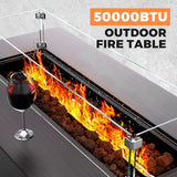 Fire Pit Table 50,000 BTU 42 Inch Rectangular Propane Fire Pit Outdoor with Wind Guard Glass, Lid, Rocks and Cover Gas Firepit