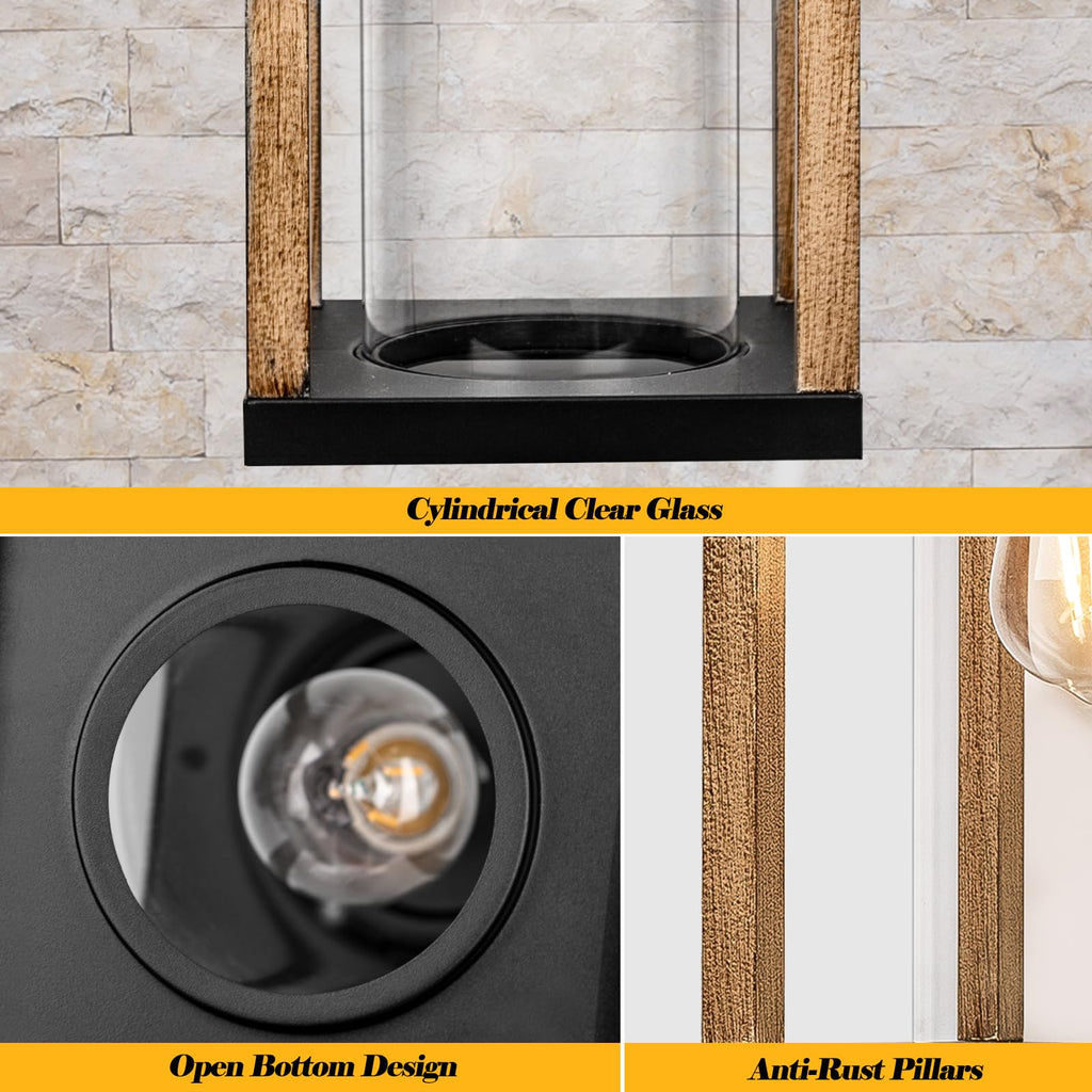 Outdoor Wall Light Rustic Wood Cylindrical Glass 17" Large