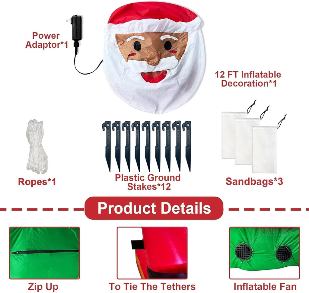 12 Feet Long Christmas Inflatables Santa Claus with Three Reindeer Built-in LED Lights, Blow Up Christmas Outdoor