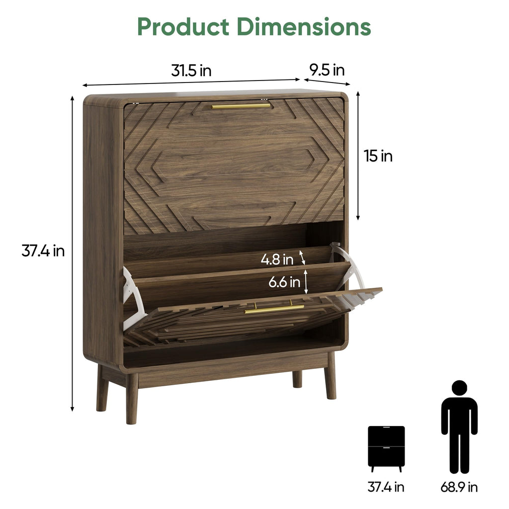 Shoe Storage Cabinet with Hand-Carved Raised Embossed 2 Flip Drawers, Narrow Shoe Cabinet Storage, Freestanding Shoe