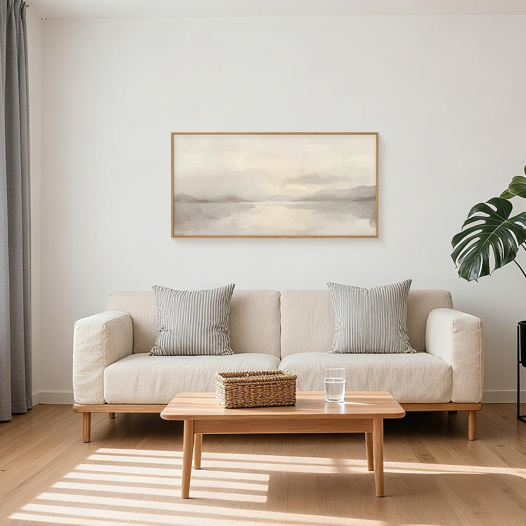 Large Abstract Neutral Beige Pastel Framed Canvas Wall Art, Modern Watercolor Lakes Wall Decor, Nature Mountain