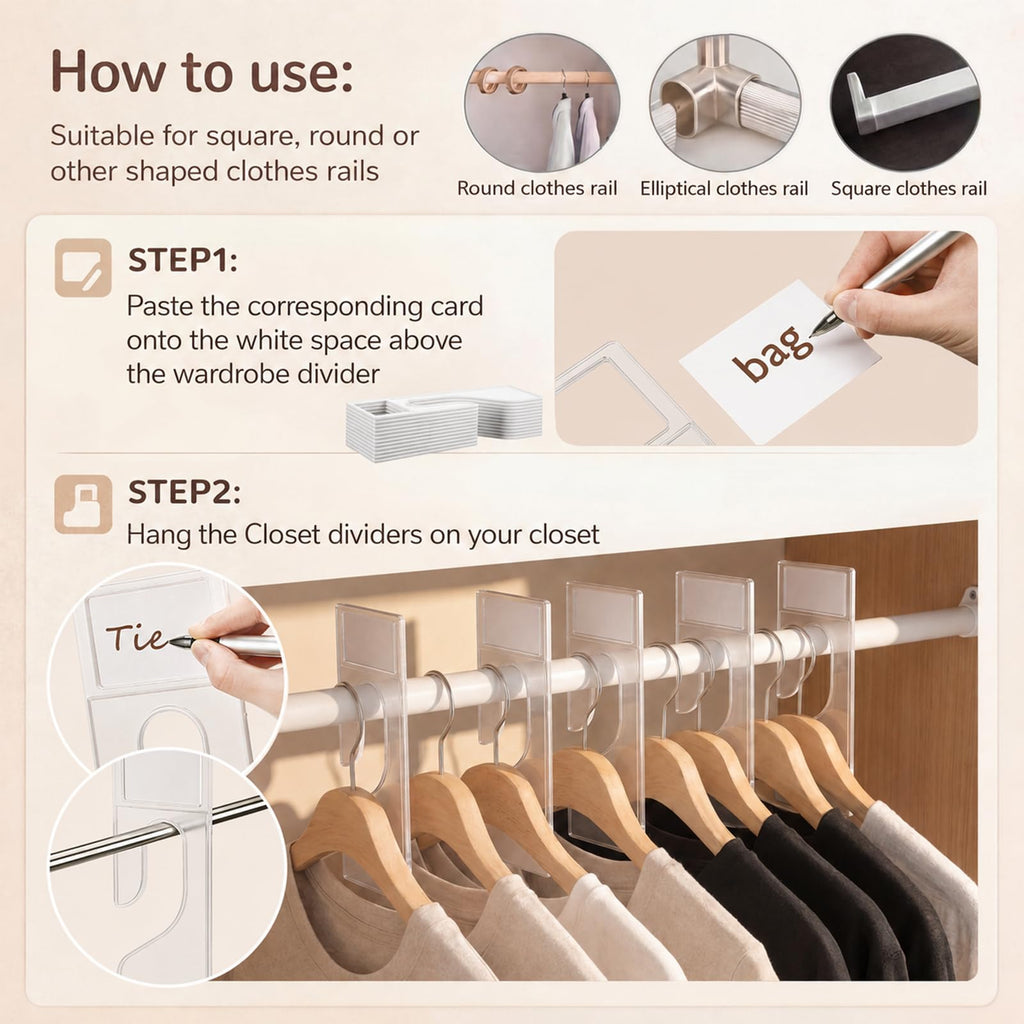 50 Pack Clothing Rack Size Dividers with Labels, Transparent