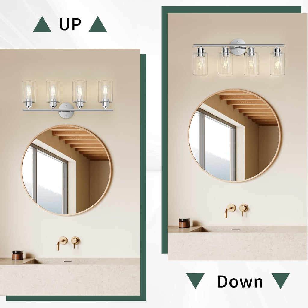 Bathroom Vanity Light Fixtures Polished Chrome, 4 Lights Rustic Farmhouse Vanity Bar Lighting Over Mirror Modern