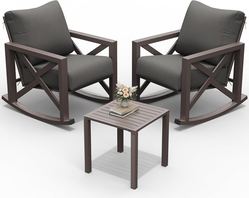 Rocking Chair Outdoor Set 2 w/Coffee Table, 3 Pc Metal Bistro Set | Metal Rocking 6.5" Water-Resistant Cushions