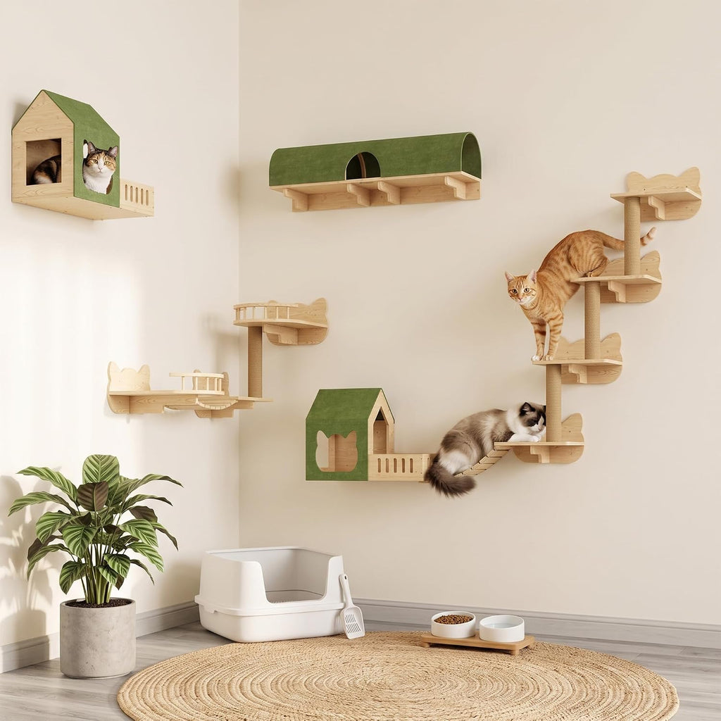 16-in-1 Cat Wall Shelves, Solid Pine Wood Cat Climbing System with Tunnel, Perch, Bridge, Condo and Sisal Scratching