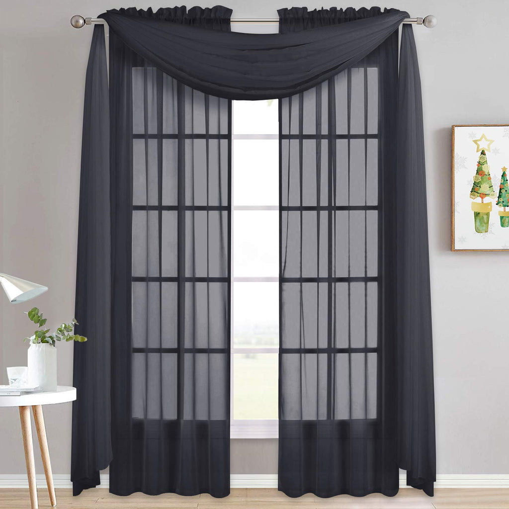Black Sheer Villa Scarf Curtain Panels, Simple Voile Sheer Scarf Valance for Your Son & Farther Bedroom, 2 Pieces