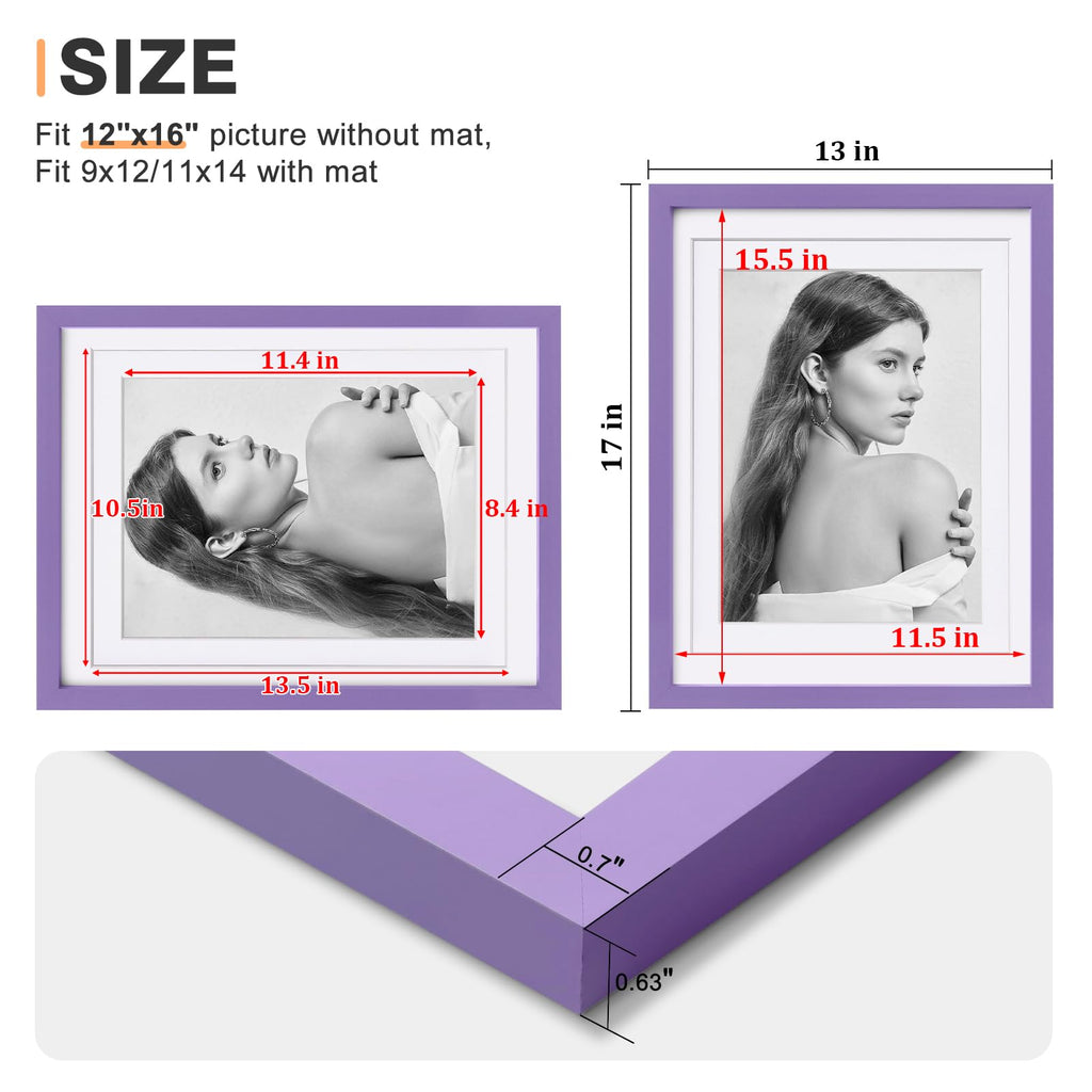 12x16 Picture Frames 4PCS Covered by Plexiglass, Made of Solid Wood, Display Pictures 9x12/11x14 with Mat or 12x16