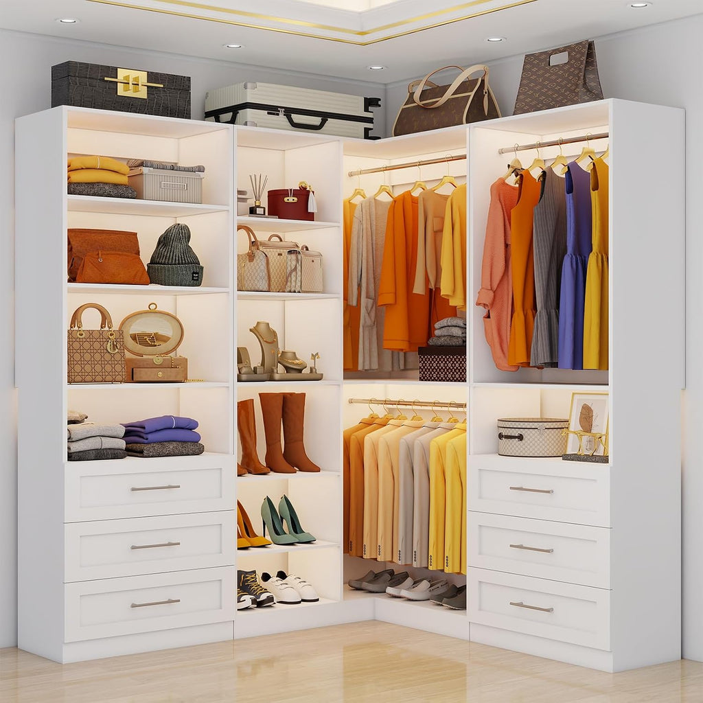 Closet System with 3 Sets, 6.5-16FT Corner Closet Organizer System with 6 Drawers & 11 Shelves & 6 Hanging Rods