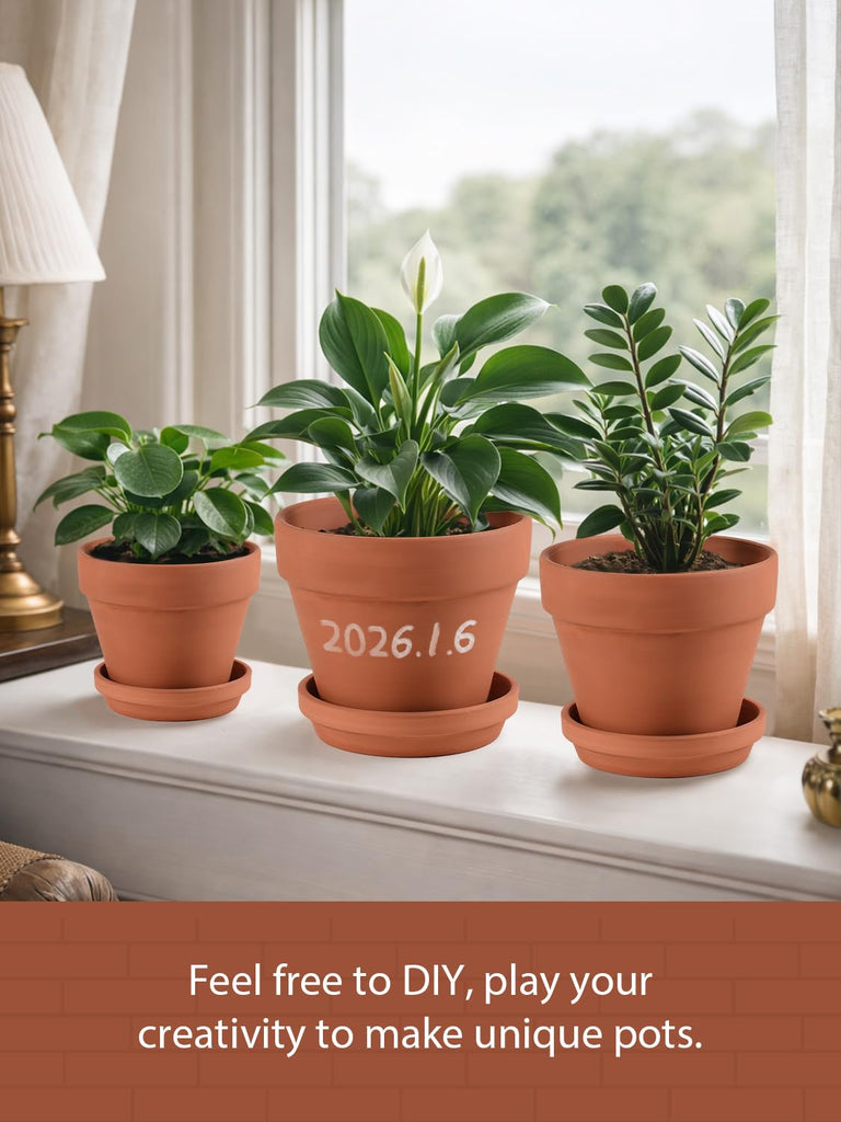 Terracotta Pots Set with Saucer - 5/6/7 inch Ceramic Clay Planters with Drainage Hole, Garden Flower Succulent Pots