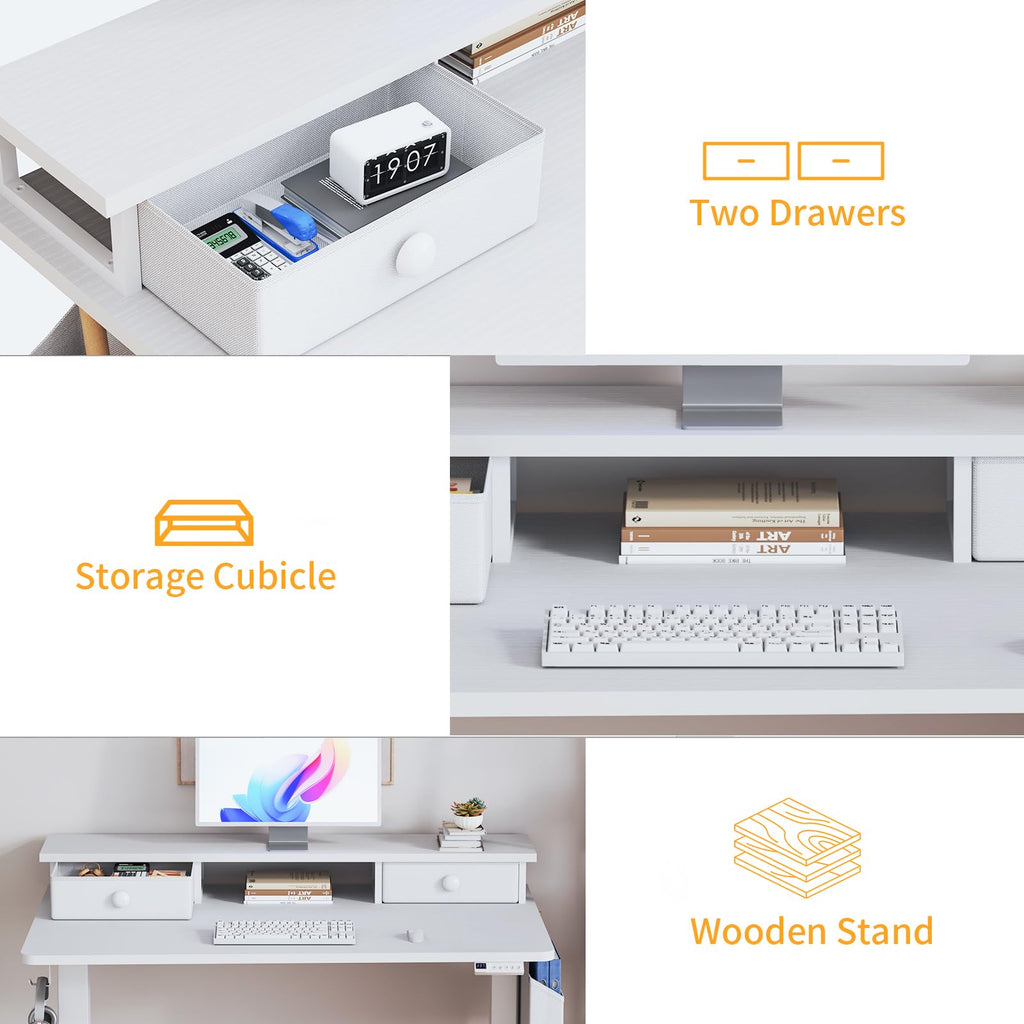 White Electric Standing Desk with Drawers, 40 Inch