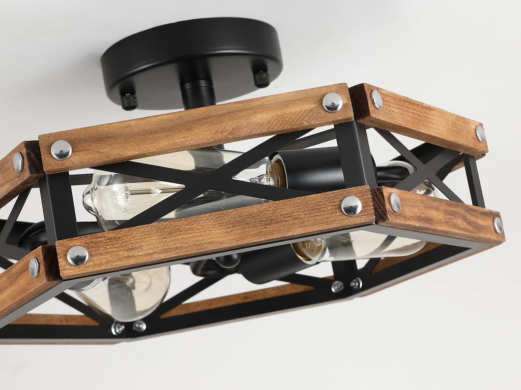 3-Light Rustic Farmhouse Wood Flush Mount Ceiling Light Fixture Oak Wood and Metal Cage Semi Flush Mount Ceiling