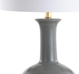 27" Gray/Brass Ceramic Table Lamp Bedroom, Modern Transitional Nightstand Lamp with White Linen Drum Shade