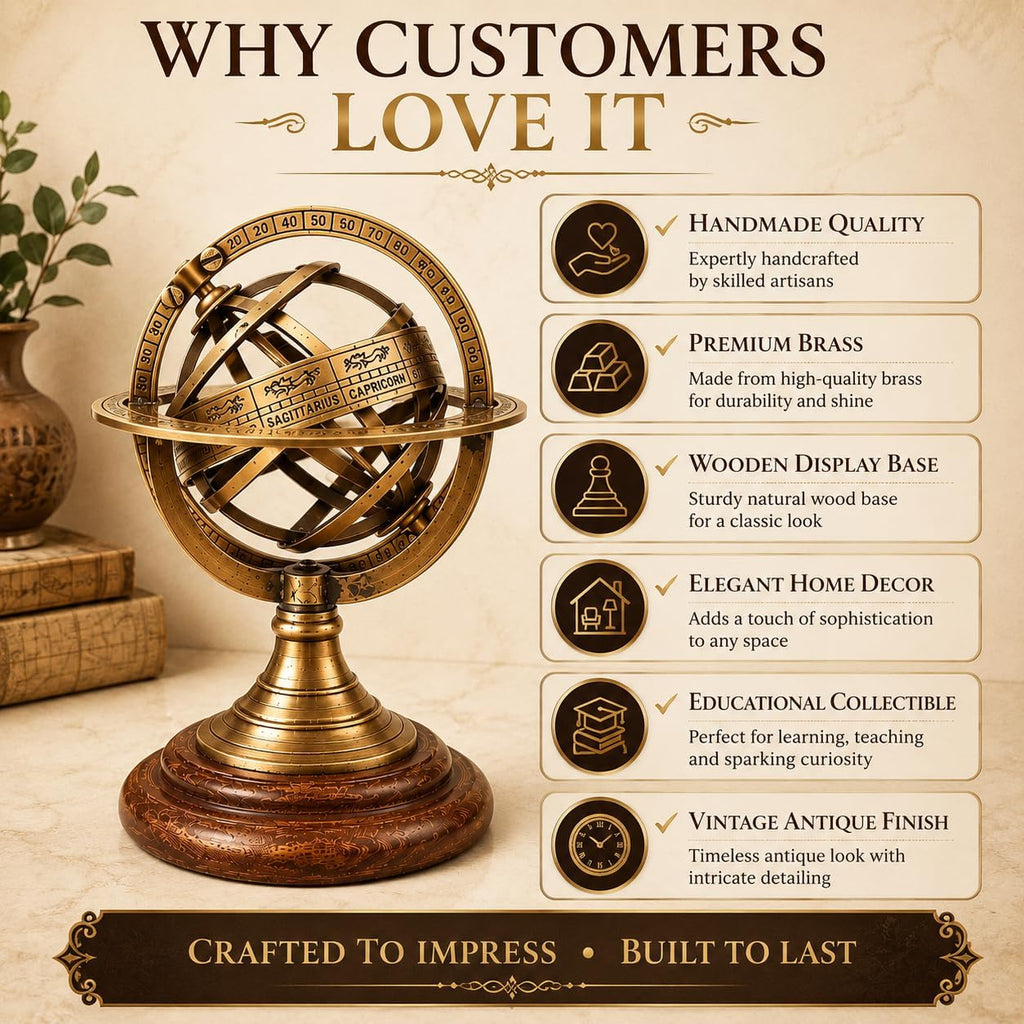 5.5" Brass Armillary Sphere World Globe Rosewood Base Table Decor Gift