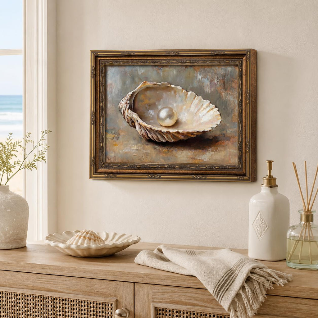 Vintage Gold Framed Oyster Shell Pearl Canvas Wall Art 12x16 Inch