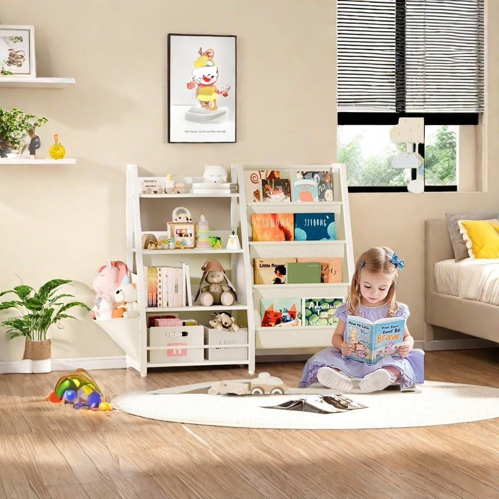 Kids Bookshelf with Extra Pocket, 4 Tier Toddler Bookshelf and Toy Storage Organizer for Kids, Bookcase Nursery Book