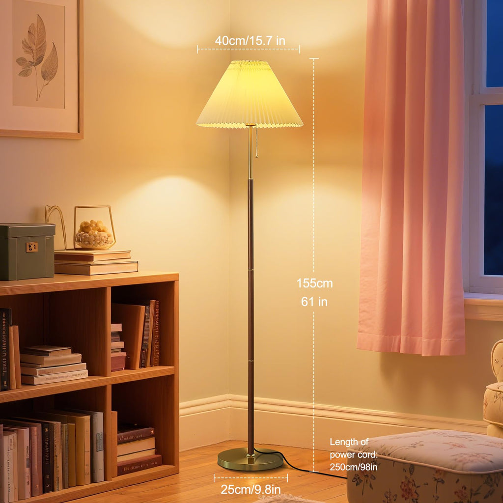 Pleated Lampshade Tall Floor Lamp Corner Bedroom Bedside Office, Brown Pole Lamp, Bright 12W Dimming Reading Light