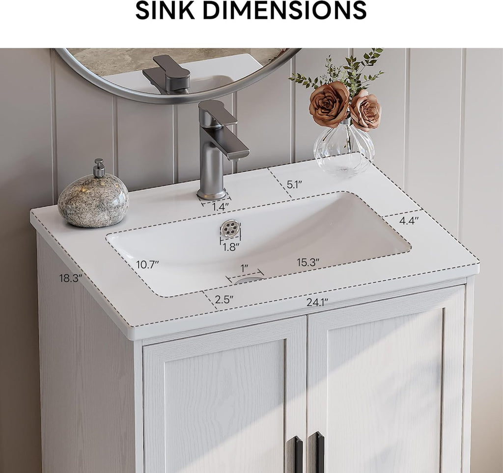 24" Bathroom Vanity with Ceramic Sink - Freestanding Cabinet with 2 Doors, 1 Drawer & Wood Legs