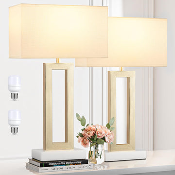 22" Tall Bedroom Lamps - Gold Bedside Lamps with Marble Base, Lamp for Nightstand with Knob Switch, Modern Night