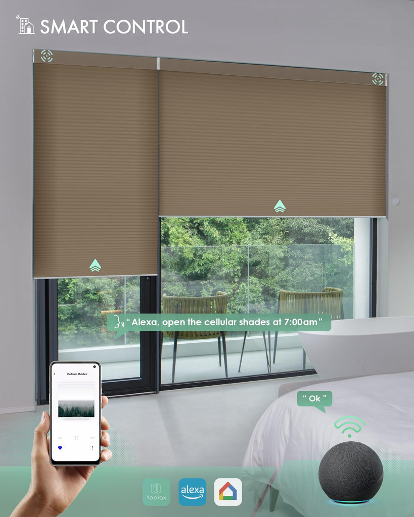 Motorized Cellular Shades, Custom, Blackout, Brown