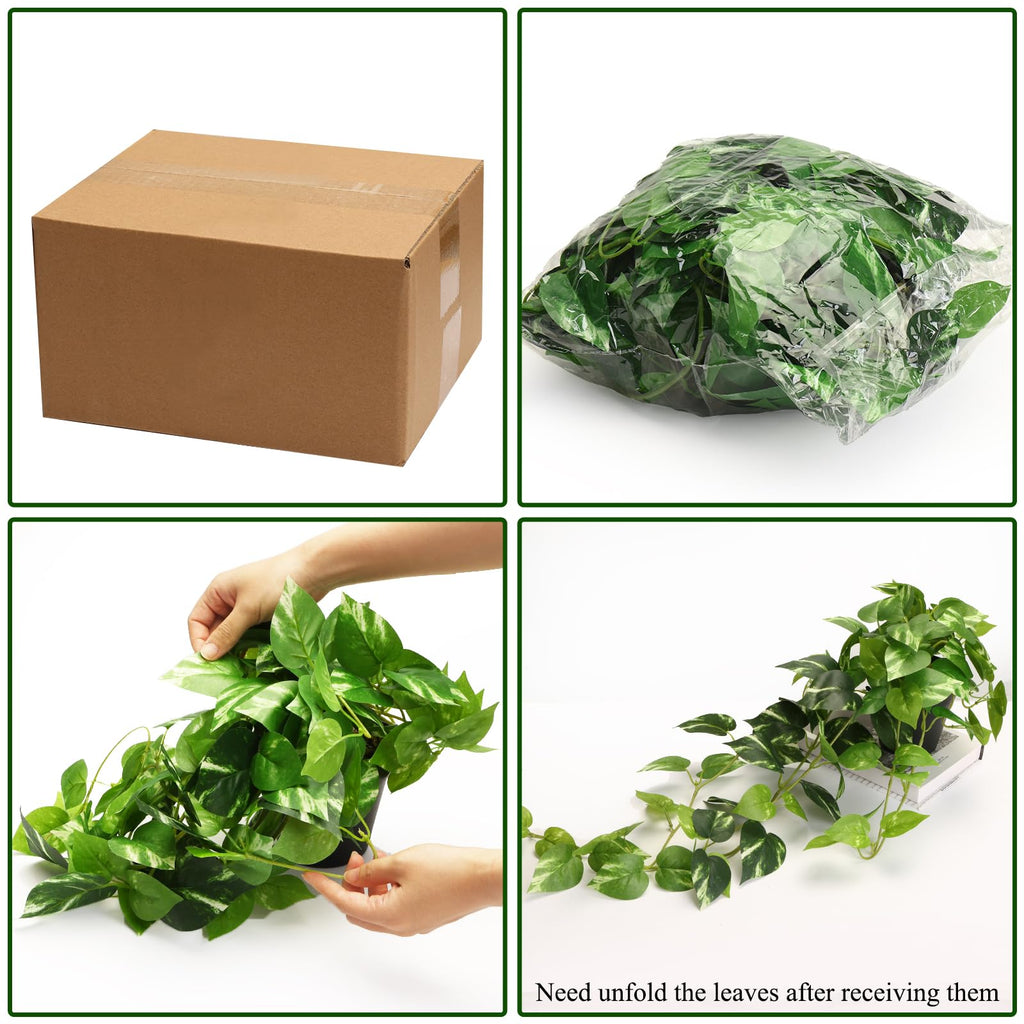 Fake Pothos Hanging Plants, 33", Variegated, with Plastic Pot, Indoor Decor, 2 Pack