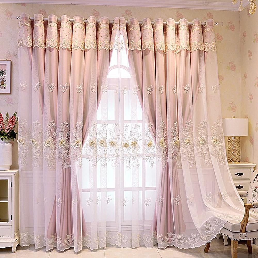 1 Pair Luxury European Curtains with Valance Bedroom Double Layer Embroidered Room Darkening Curtains (Pink, 51x96