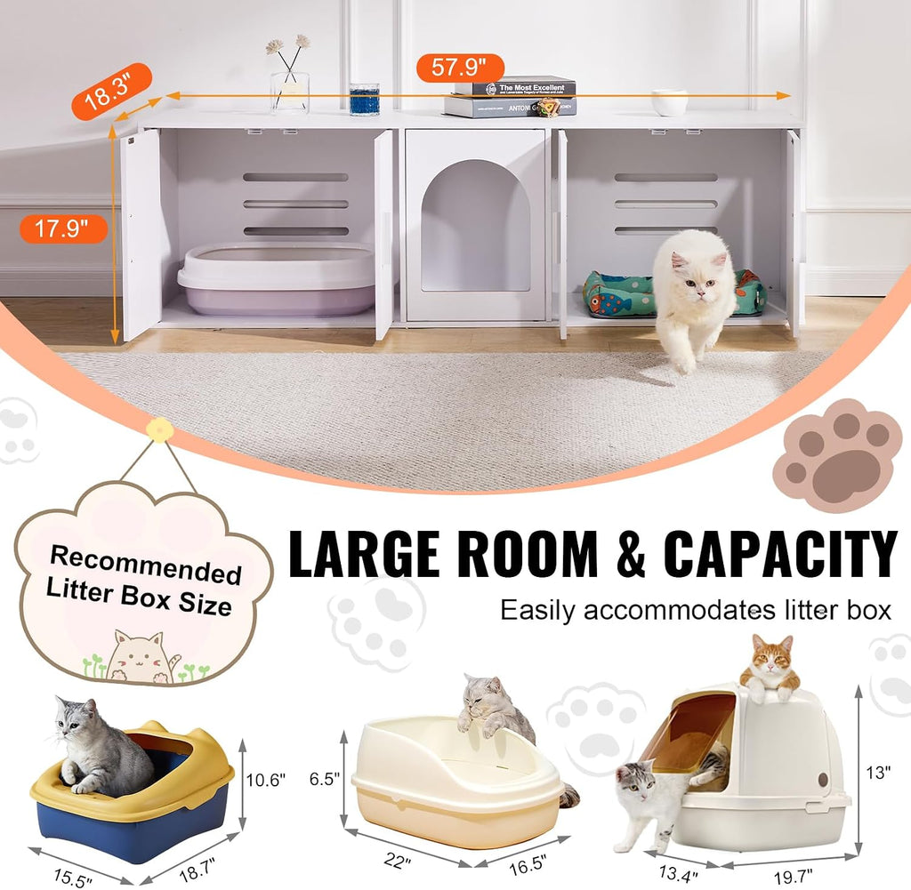 Cat Litter Box Enclosure for 2 Cats, Litter Box Furniture Hidden with Double Rooms, Wooden Cat Box Cabinet Fit Most