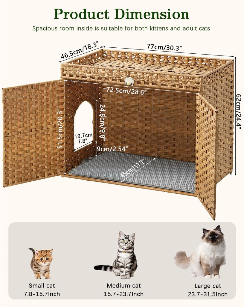 Cat Litter Box Enclosure, Extra Large Hidden PE Rattan Natural