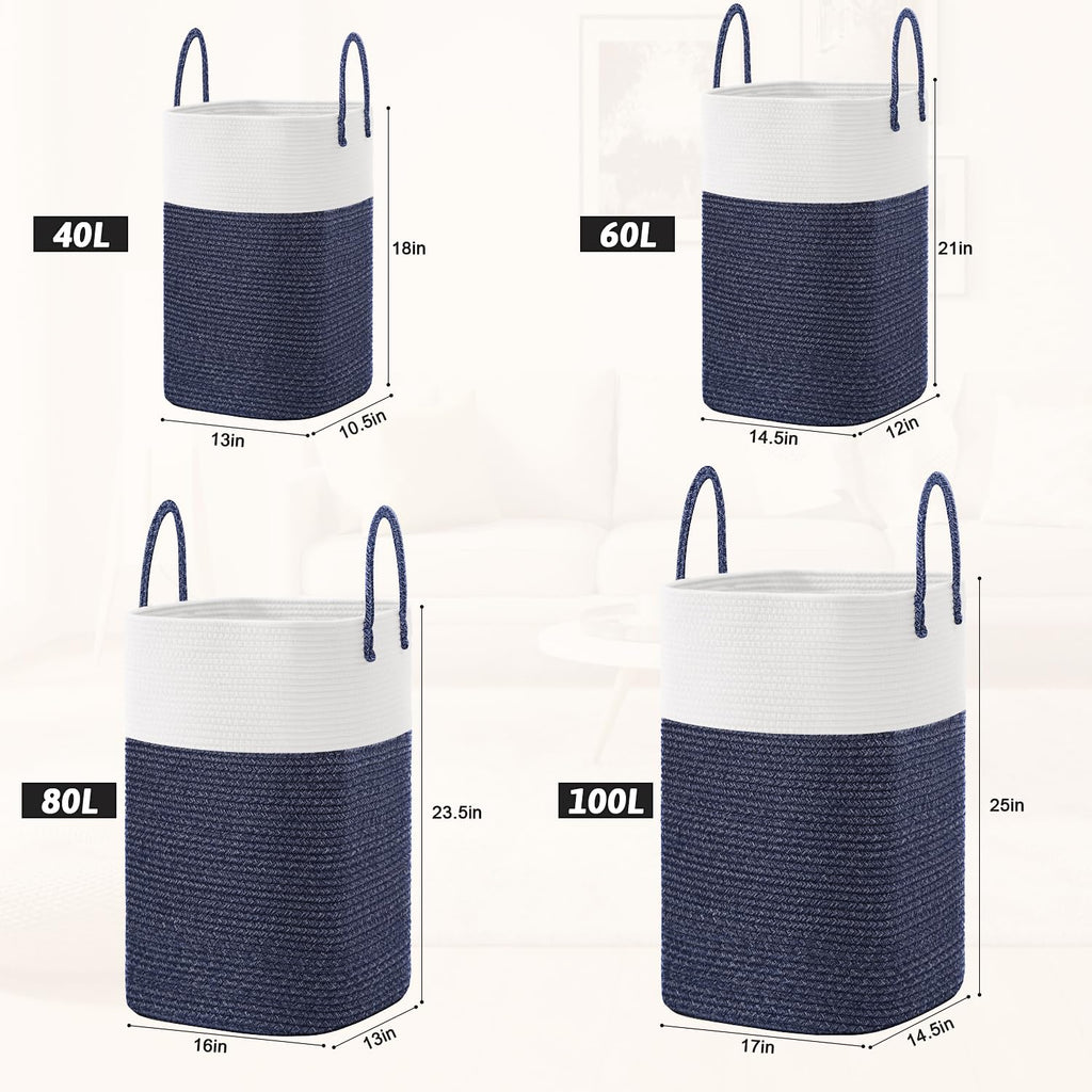 Cotton Rope Laundry Basket, Woven Clothes Hamper, 80L