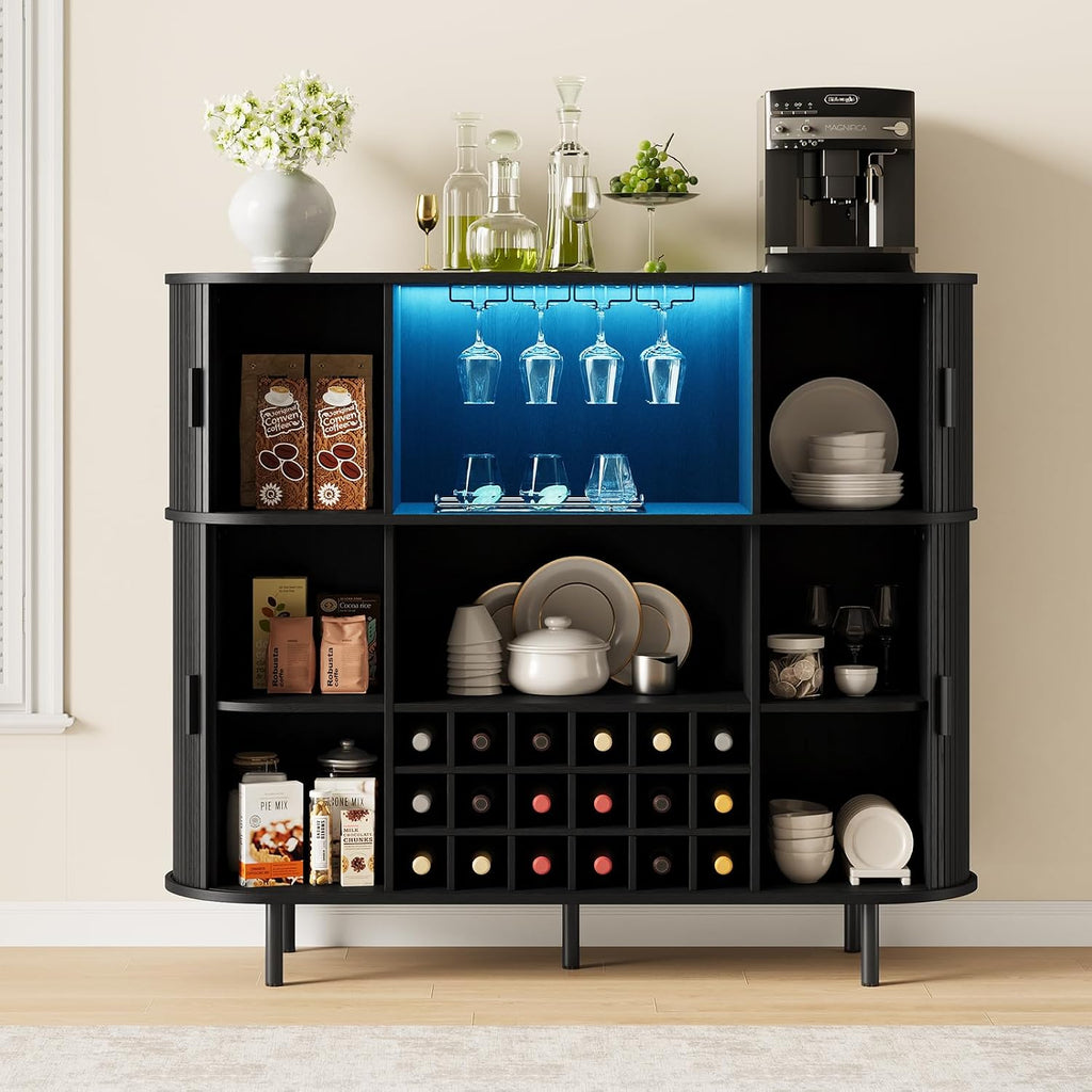 55" Fluted Wine Bar Cabinet with Power Outlet Black | Large Coffee Bar, Liquor Whiskey Cabinet, Home Bar, with LED